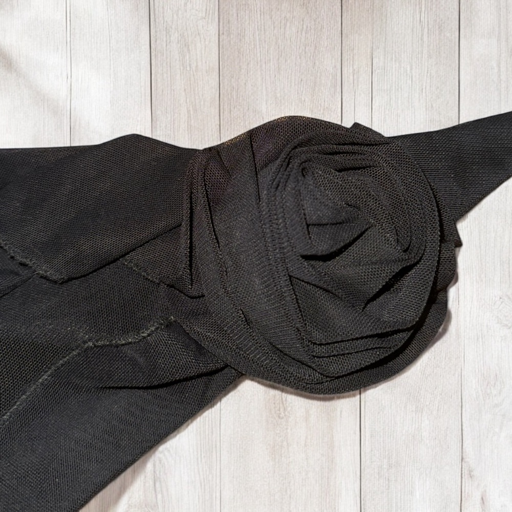 Black Ruffled Asymmetrical Dress with 3D Rose Detail - Picture 3 of 7